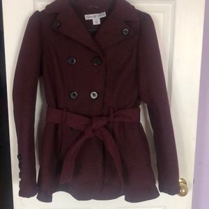 Maroon double breasted pea coat with belt